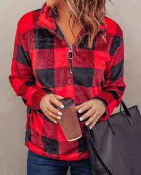 V-neck Zip Up Plaid Print Long Sleeve T-shirt