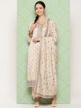 Beige Embroidered Silk Blend Straight Suit With Dupatta