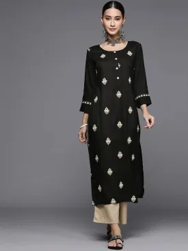 Black Embroidered Rayon Straight Kurta With Palazzos