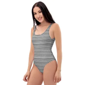 Black Horizontal Striped Swimwear, Women's One-Piece Modern Swimsuit-Made in USA/EU