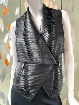 Black Pleated Leather Waistcoat with Drape Lapel, Small