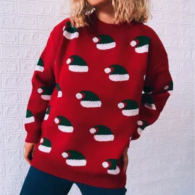 Christmas sweater round neck long sleeve new year Christmas hat knitted pullover women