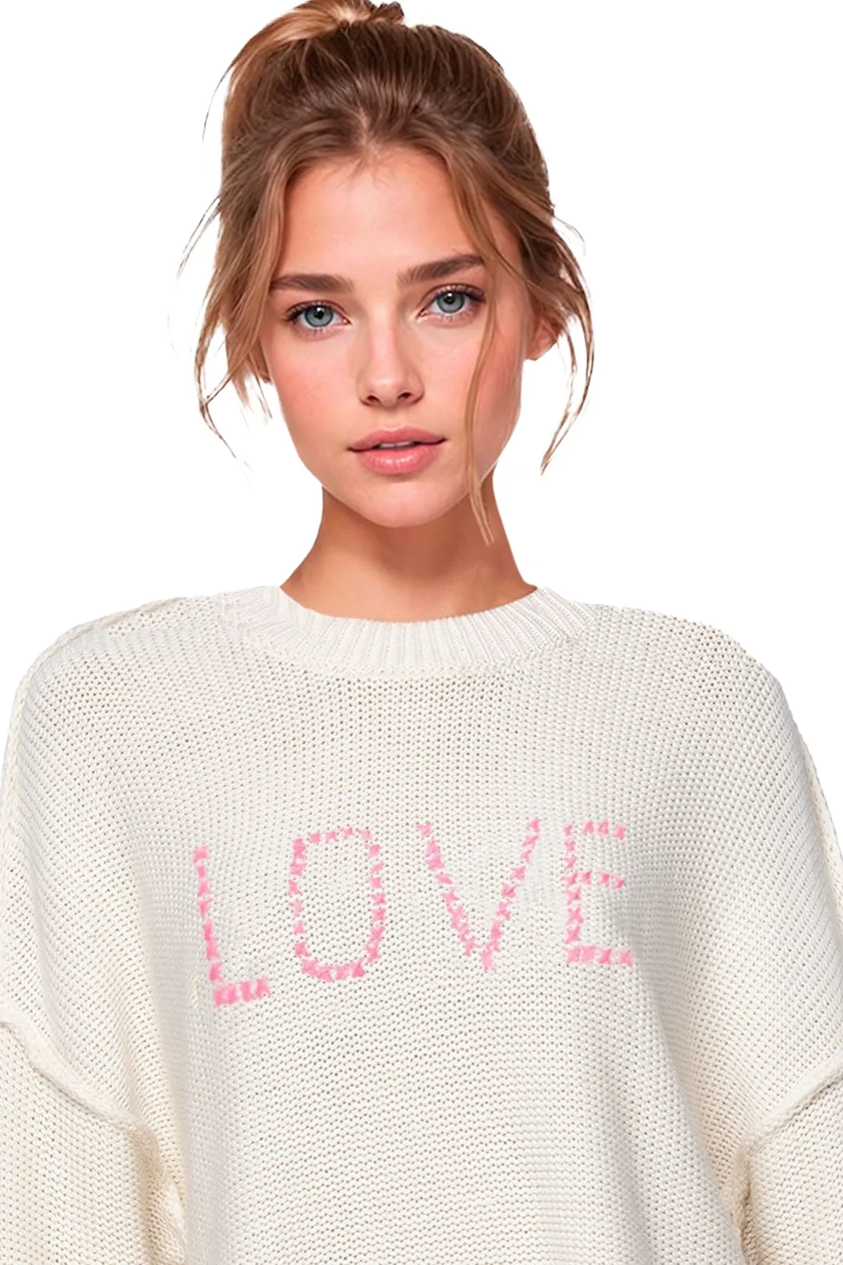 Chunky Cotton Blend Pullover Sweater- Cross Stitch "Love" hand embroidery