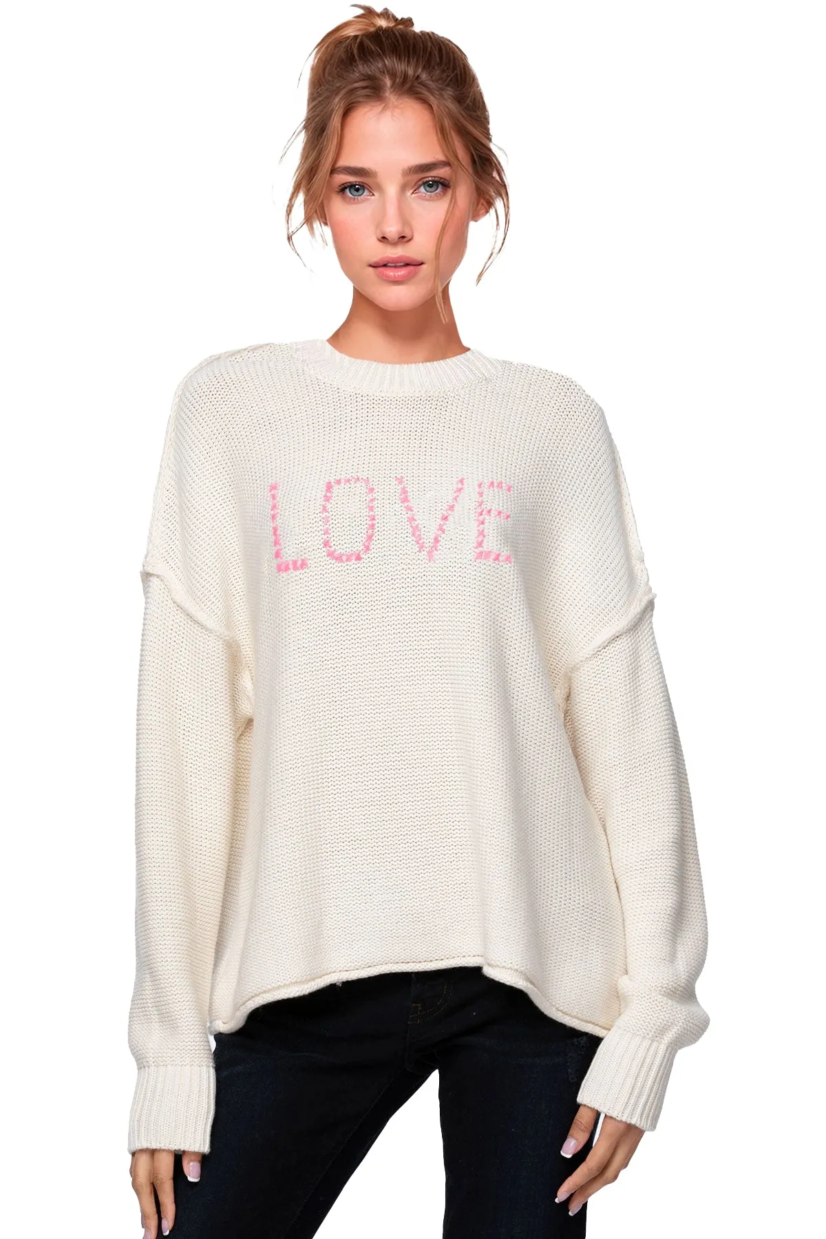 Chunky Cotton Blend Pullover Sweater- Cross Stitch "Love" hand embroidery