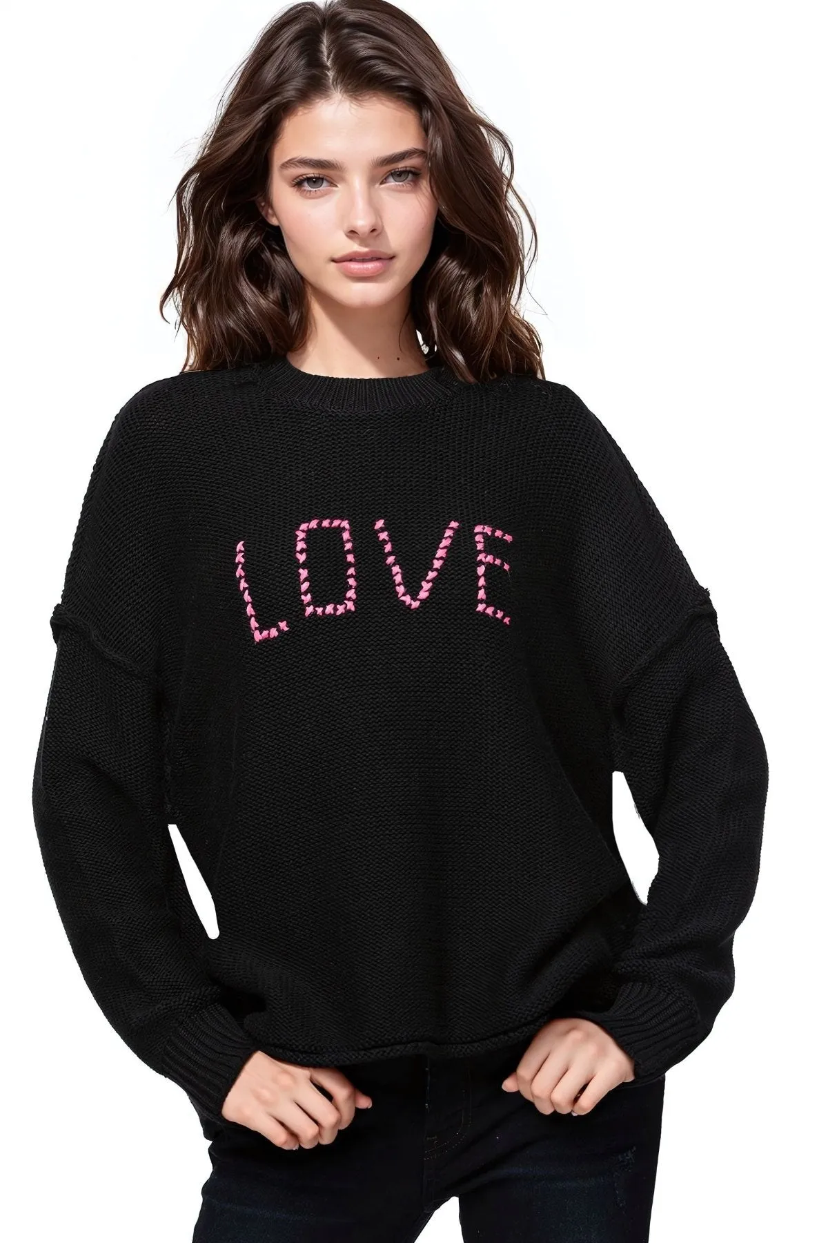 Chunky Cotton Blend Pullover Sweater- Cross Stitch "Love" hand embroidery