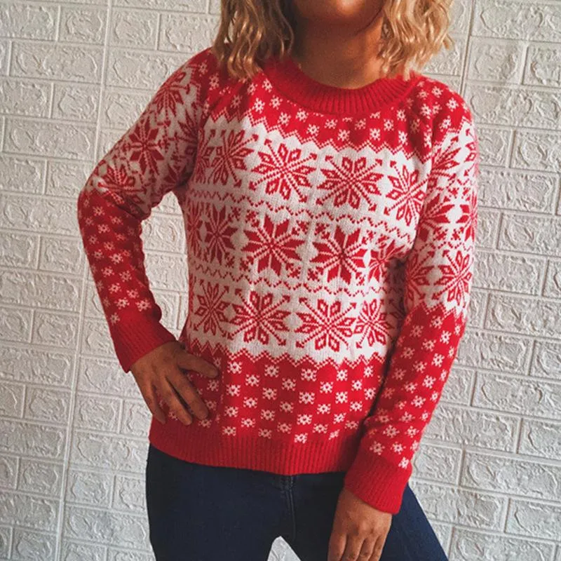 Classic Christmas sweater snowflake long-sleeved round neck knitted pullover women