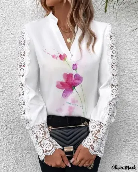 Deanwangkt - Floral Print Contrast Lace Long Sleeve Top