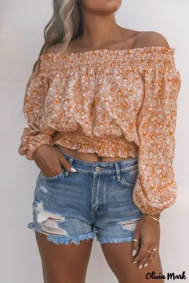 Deanwangkt - Orange Floral Ruched Ruffle Off Shoulder Top