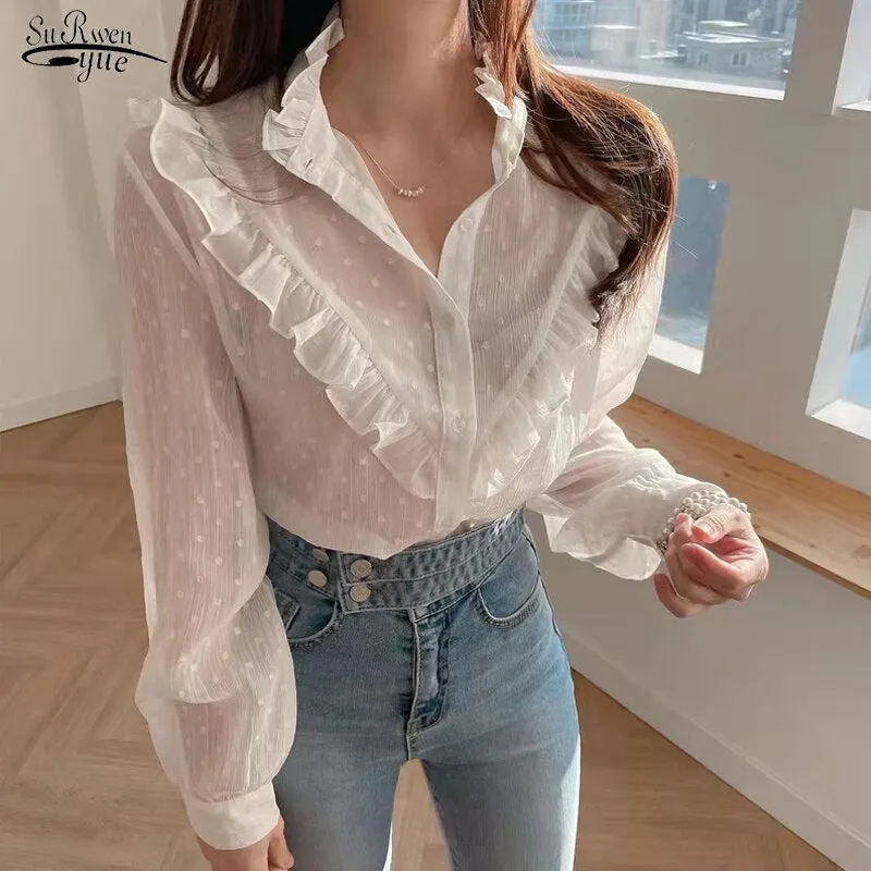 deanwangkt Women Elegant Stand Collar Ruffles Blouse Korean Fashion Simple Chiffon Blouse Polka Dot Long Sleeve Lace Shirt Top 18718