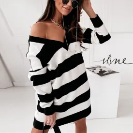 DressBetty - V-neck Striped Long Sleeve Knitted Off Shoulder Dress