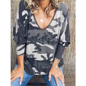 Fashion all-match V-neck camouflage print long-sleeved T-shirt loose top