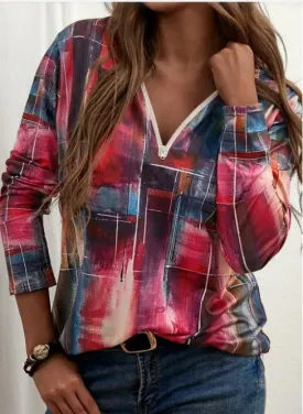 Fashion all-match V-neck geometric color printing long-sleeved T-shirt