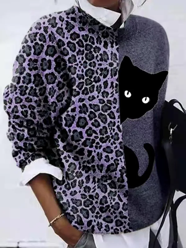 Fashion casual all-match cartoon cat leopard print long-sleeved top