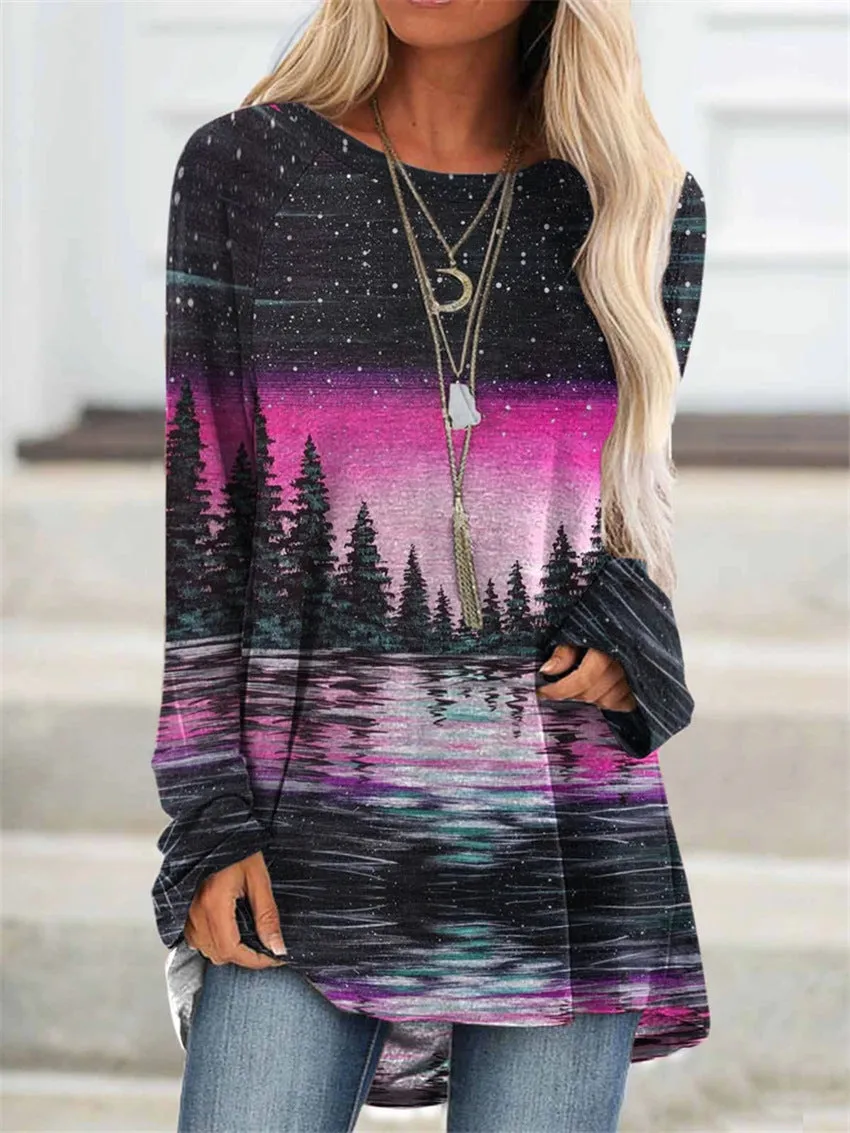 Fashion casual landscape print long sleeve top