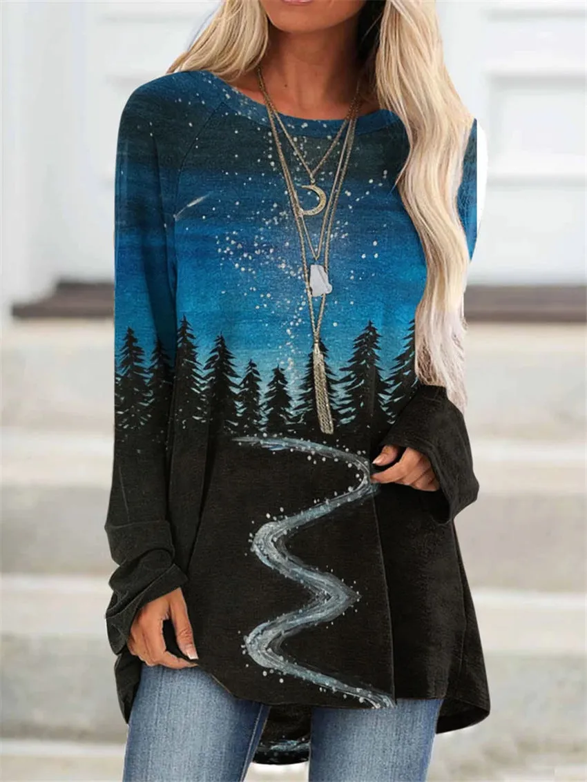 Fashion casual landscape print long sleeve top