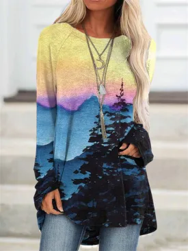 Fashion casual landscape print long sleeve top