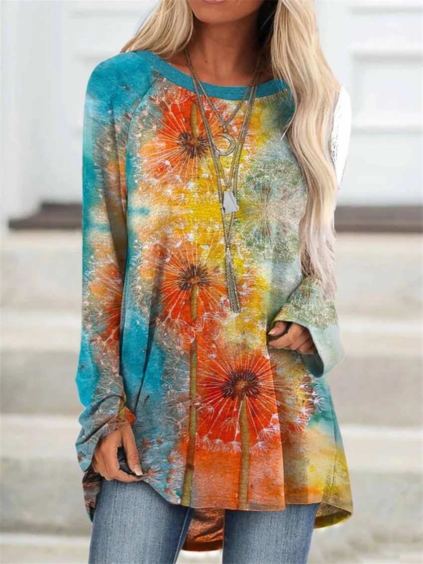 Fashion casual landscape print long sleeve top