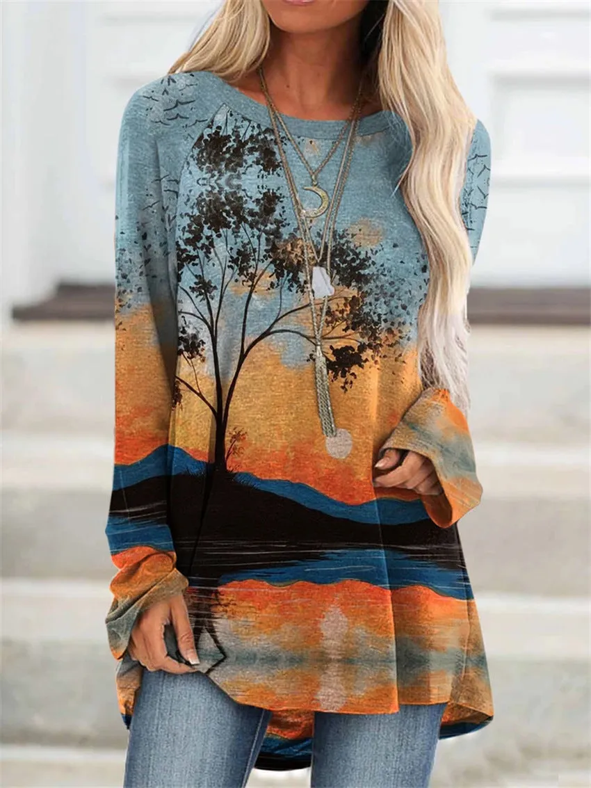 Fashion casual landscape print long sleeve top