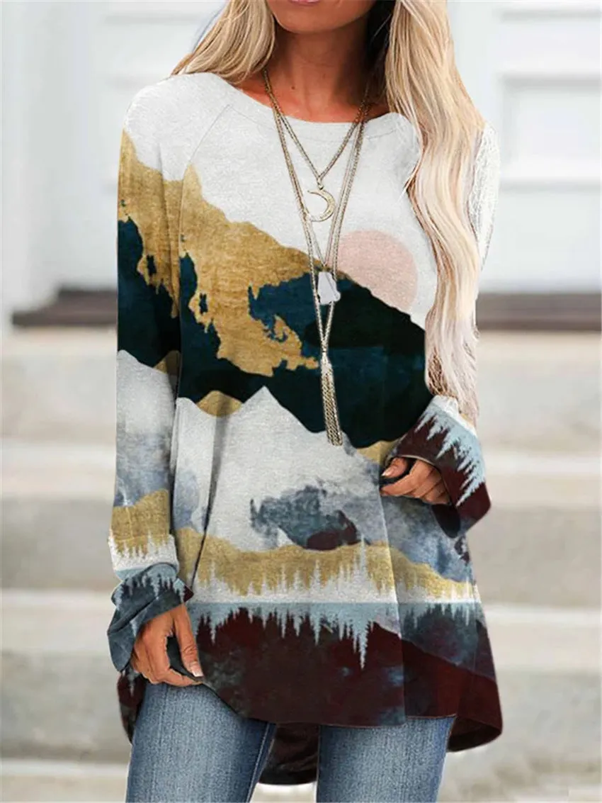 Fashion casual landscape print long sleeve top