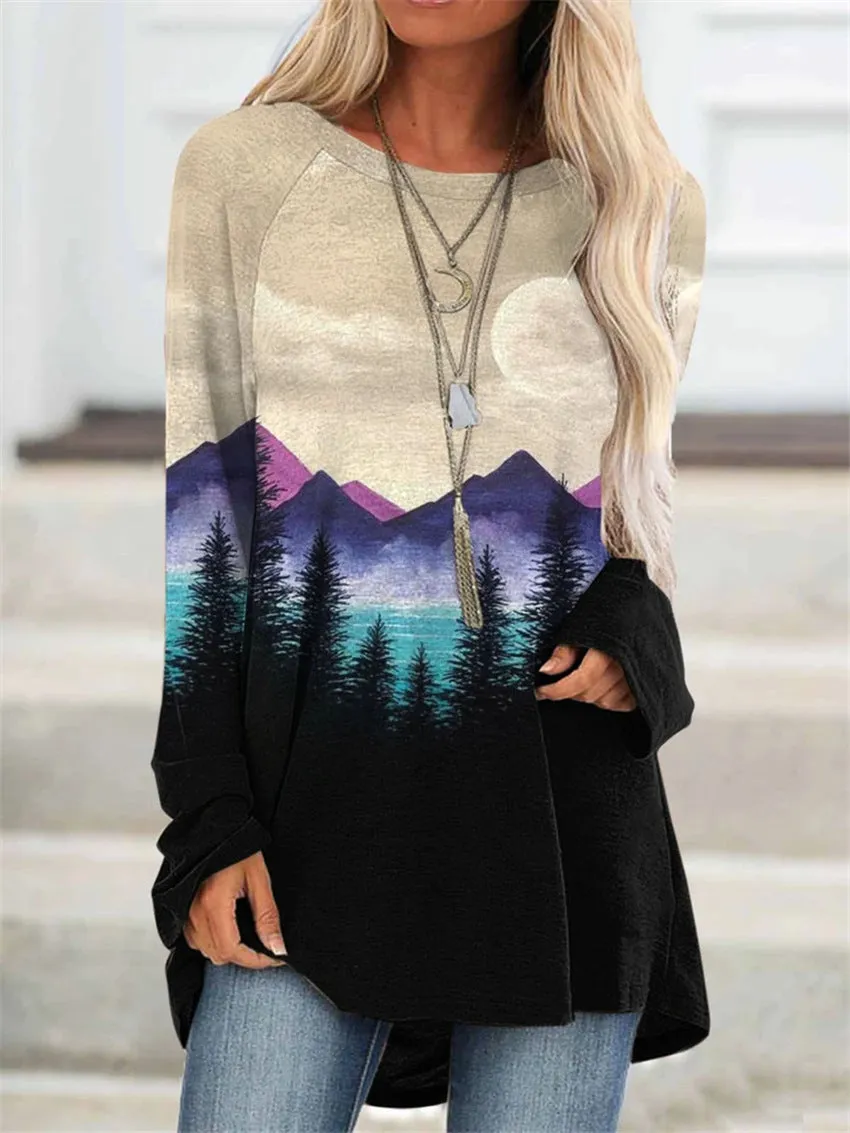 Fashion casual landscape print long sleeve top