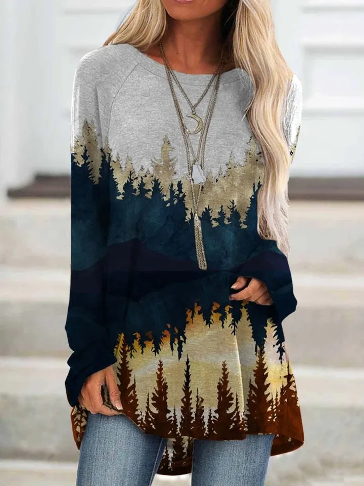 Fashion casual landscape print long-sleeved top pullover