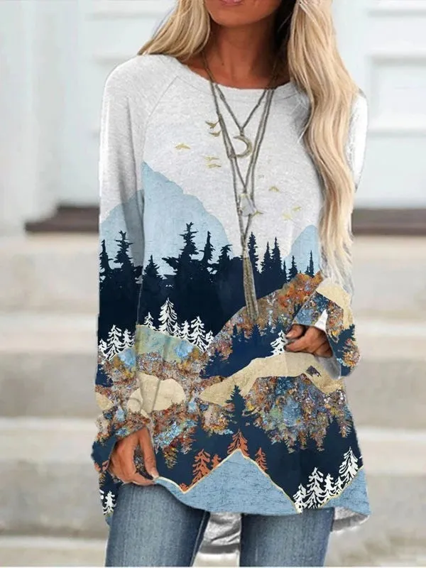 Fashion casual landscape print long-sleeved top pullover