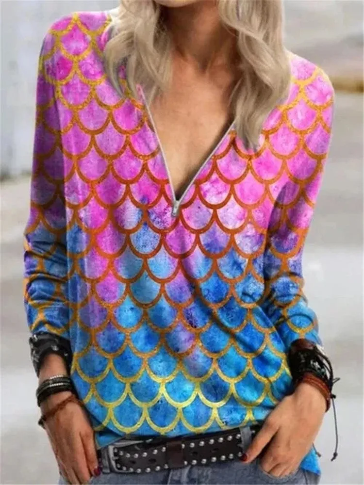 Fashion casual long-sleeved printed sweater V-neck zipper abstract loose T-shirt