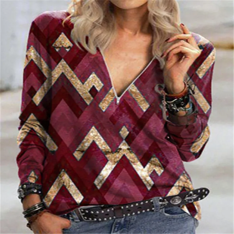 Fashion casual printed v-neck zipper top