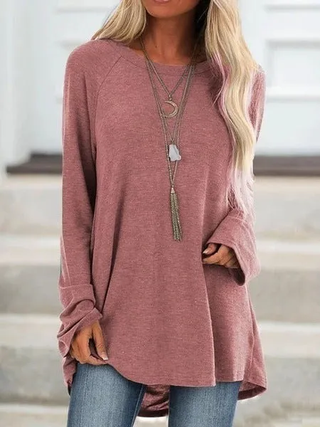 Fashion solid color casual large size round neck loose long sleeve pullover T-shirt