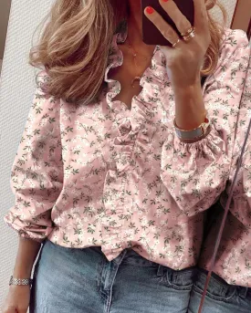 Fashion spring and summer printed V-neck ruffled long-sleeved ladies shirt