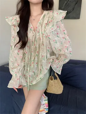 Girlary Autumn Chic Sweet Blouses Women Printed 2023 Full Sleeve New V-Neck Slim Loose Daily Elegant Office Lady Florals