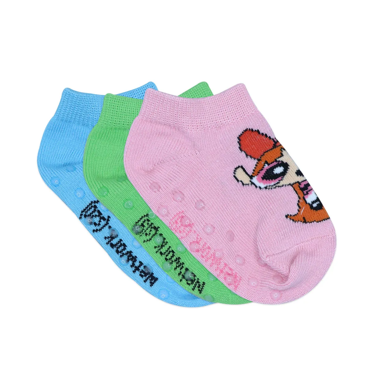 Powerpuff Girls Low Cut Socks for Kids with Anti-Skid Silicone Technology Made with 100% Combed Cotton & Spandex(Pack of 3 Pairs/1U)(1-2 Years)(2-3 Years)- Pink, Blue, Green