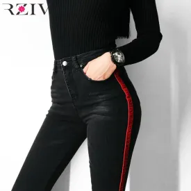 RZIV 2017 jeans woman casual stretch denim solid color stitching waist black jeans and skinny jeans trouser