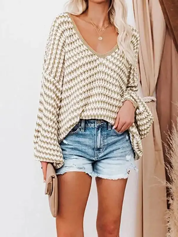 Women’s Dramatic Off The Shoulder Cropped V Neck Sweater With Wide Bell Sleeves