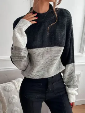 Women’s Fashionable Color Block Ombre Knit Sweater With High Neckline