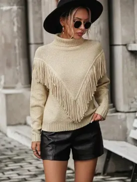 Women’s Loose Fringed Sweater Knit Turtleneck Sweater